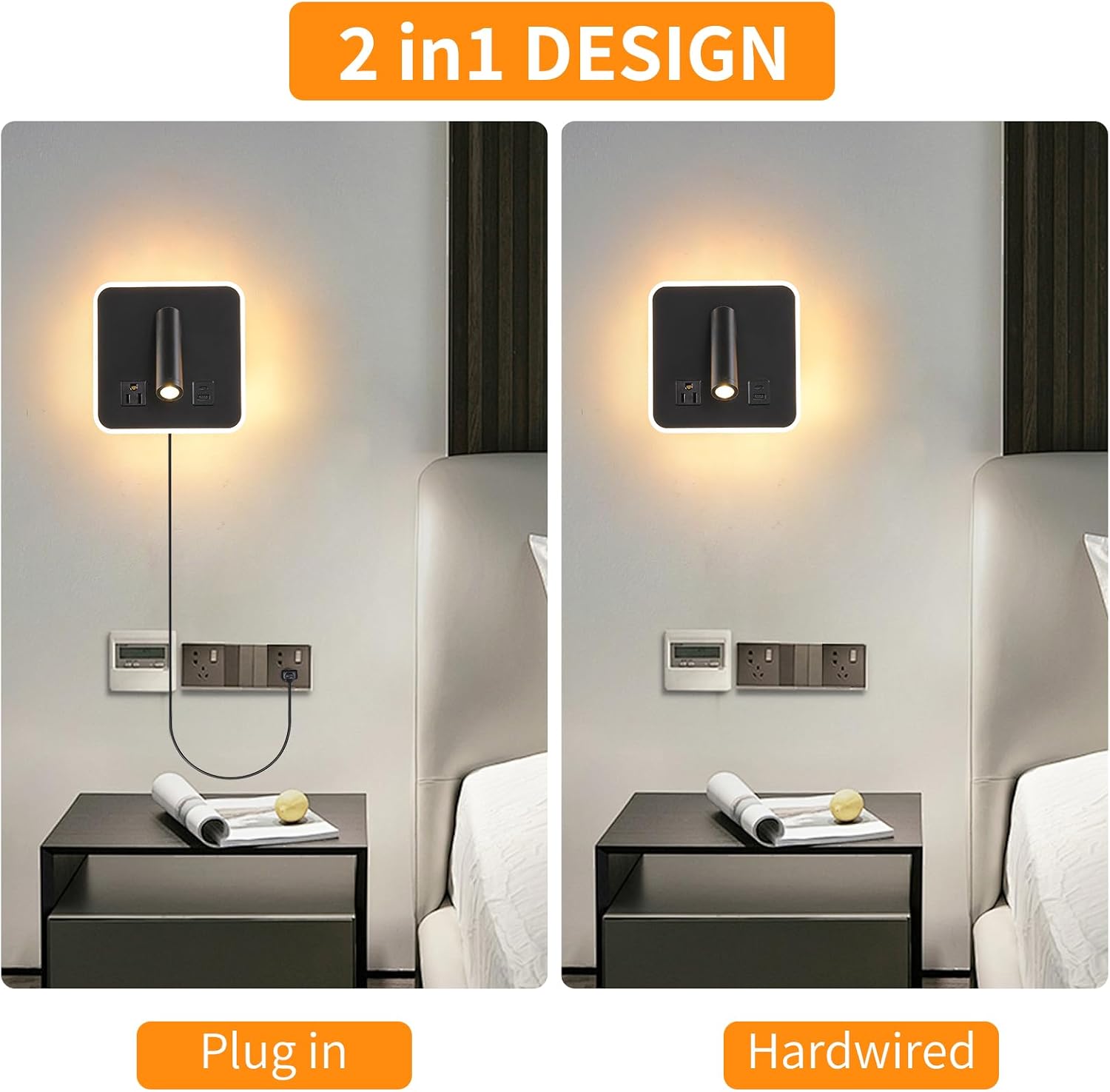 Dimmable LED Wall Reading Lamp with USB-A/USB-C Ports, 3000K, Black | Separate reading and ambient backlight controls