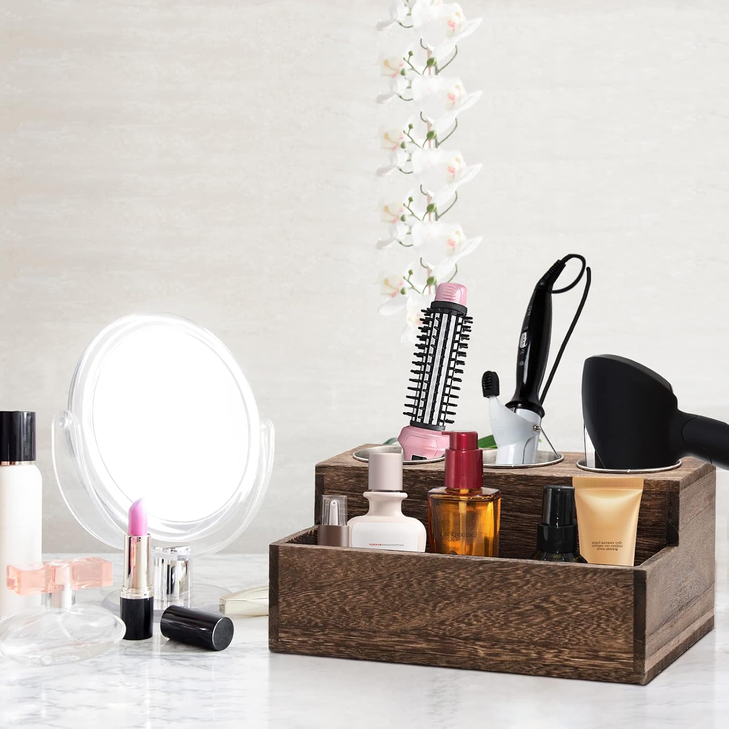 Wooden Hair Dryer Holder - Rustic Hair Tools Organizer with 3 Circular Holes and 1 Compartment, Wooden Hair Accessories