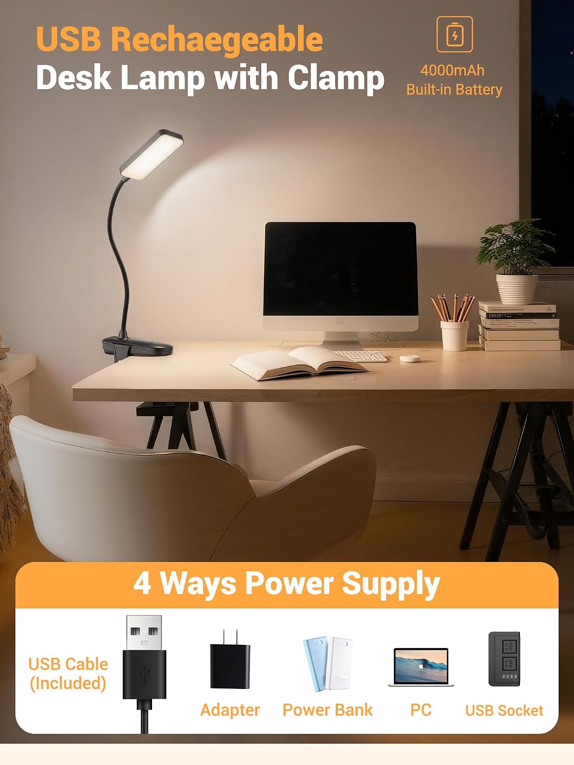 Clip on Light,9 Brightness+5 Color Rechargeable Lamp,48 LED Small Desk Lamp | 4000mAh Battery Powered Lamp,450 Lumen