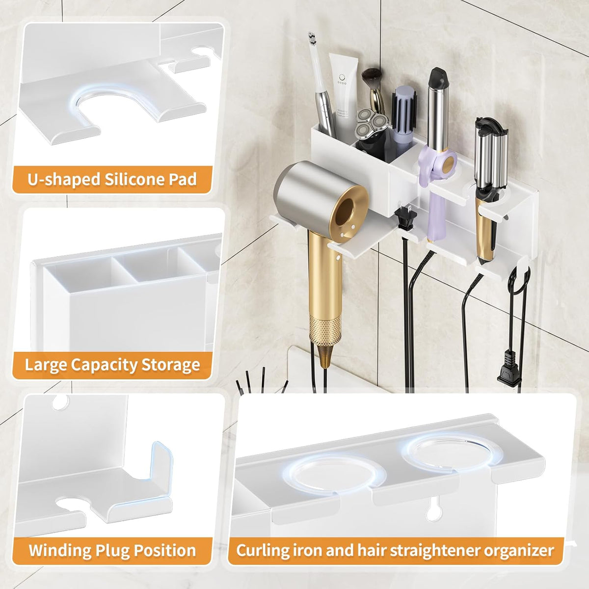 Hair Dryer Holder, Hair Tool Organizer Wall Mount, Adhesive or Drill, White | Blow Dryer Holder for Dryer Hook