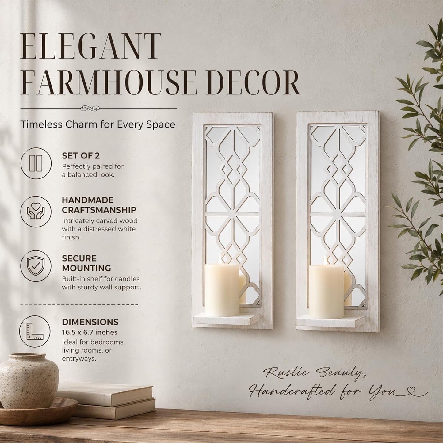 Rustic Candle Sconces Living Room Bedroom Entryway Wood Mirrored / White-16.5 Inch / Set of 2