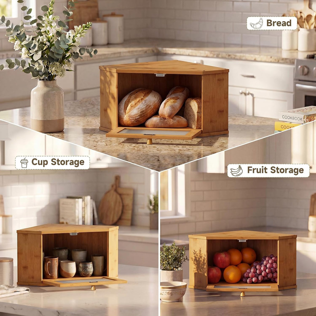 Corner Bread Box For Kitchen Countertop,Bread Storage Bin (Brown, Medium) | Small Bamboo Bread Container,Corner Shelf