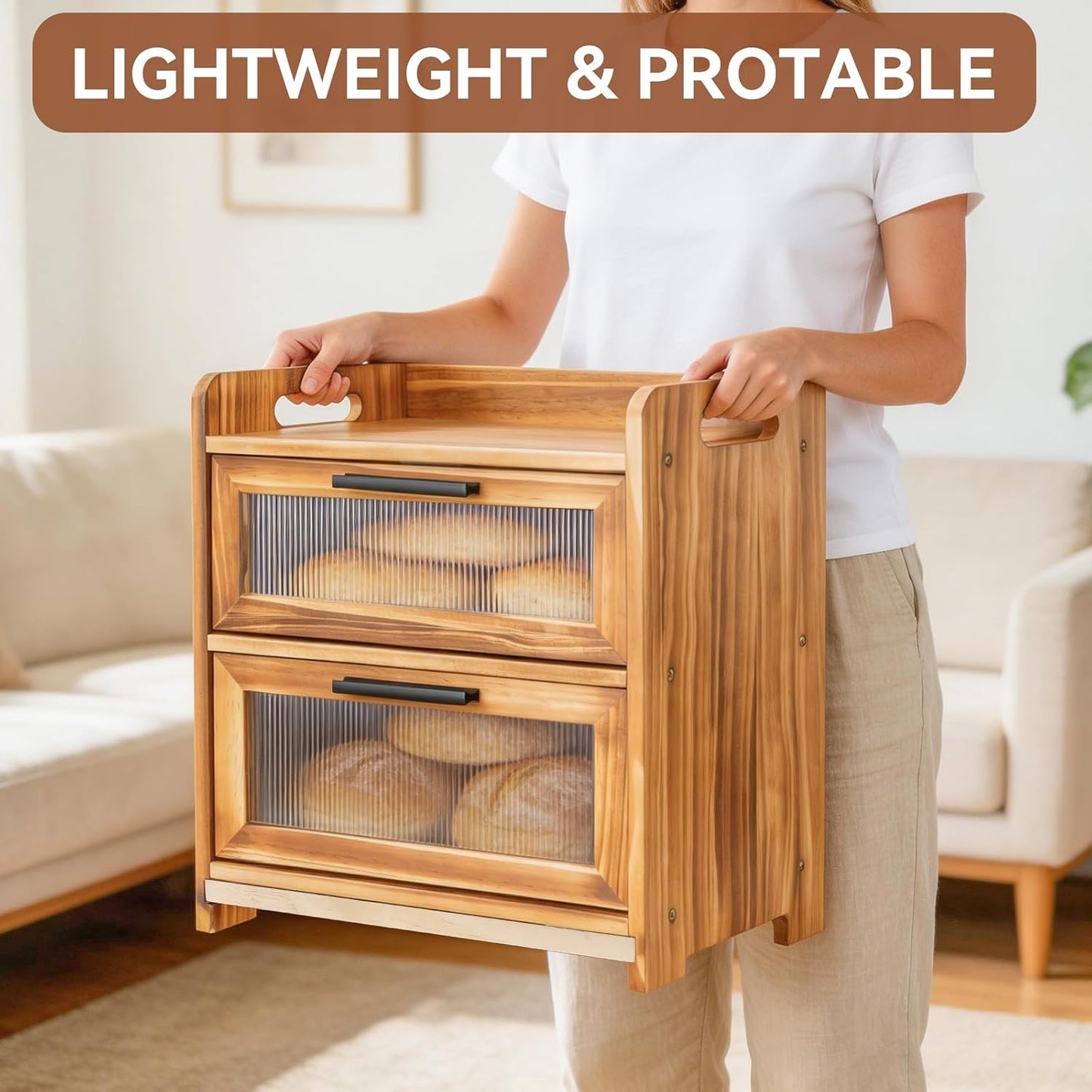 Bread Box for Kitchen Countertop, Large Wooden Breadbox with Cutting Board | Double Layer Bread Storage Container for