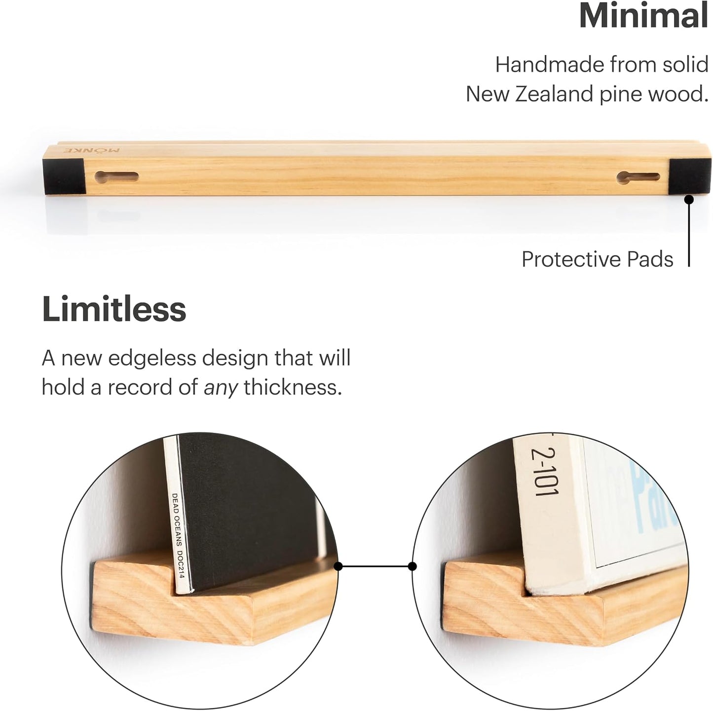 Vinyl Record Shelf - 3 Display Ledges Made of Solid Wood -A Wall Mount for Your Favorite or Now-Playing Records -This