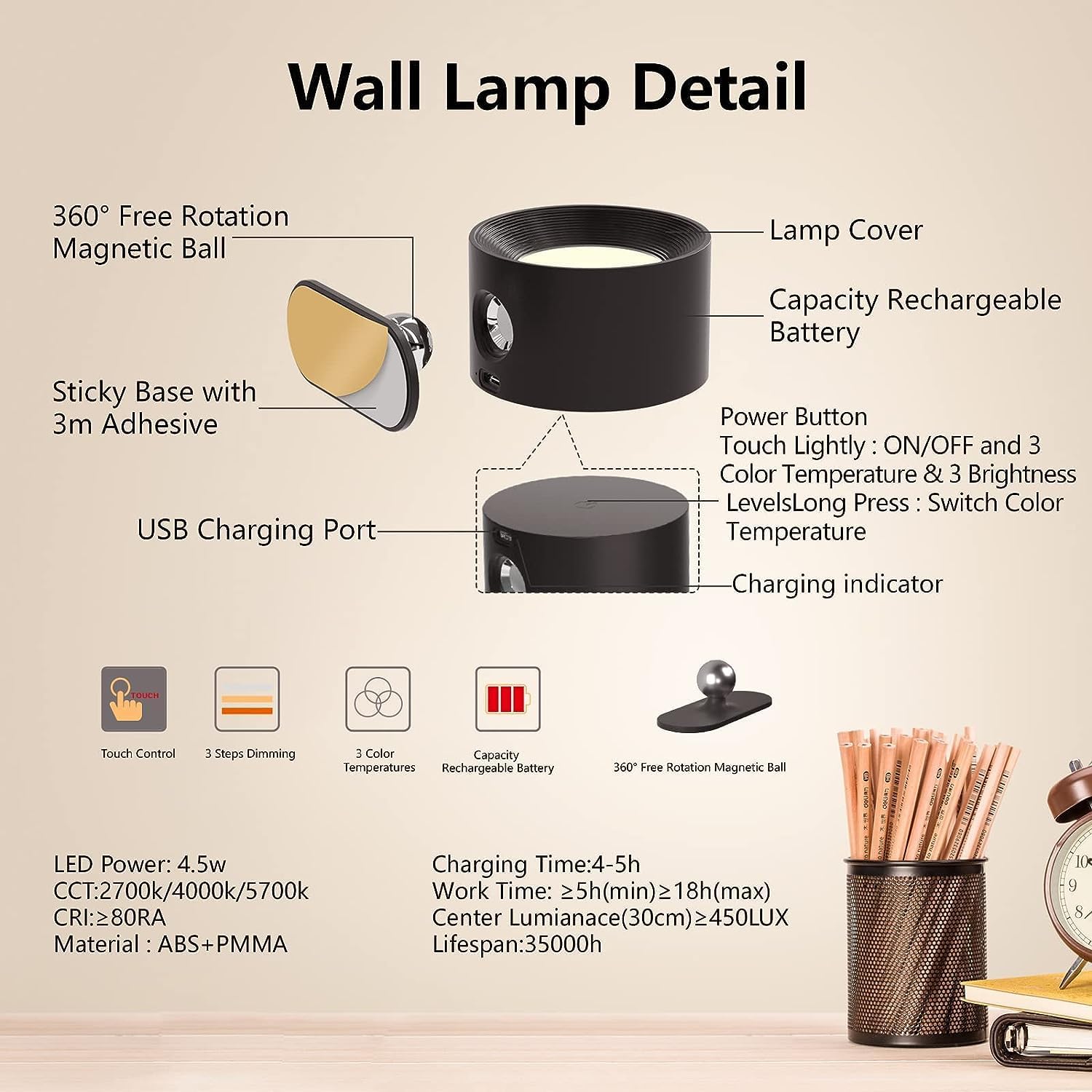 Deyagoo LED Wall Sconce, Rechargeable Wall Light with Remote-White | 3 Colors, Dimmable, Magnetic Rotating Head, 360