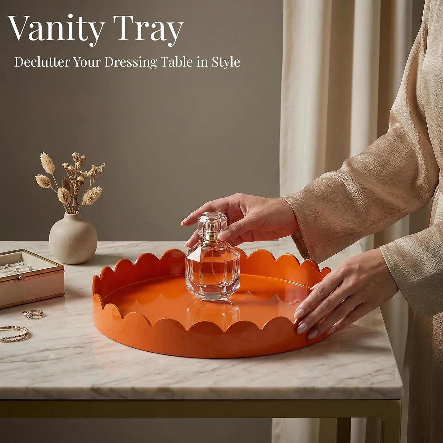 13" Round Scalloped Decorative Tray / Orange