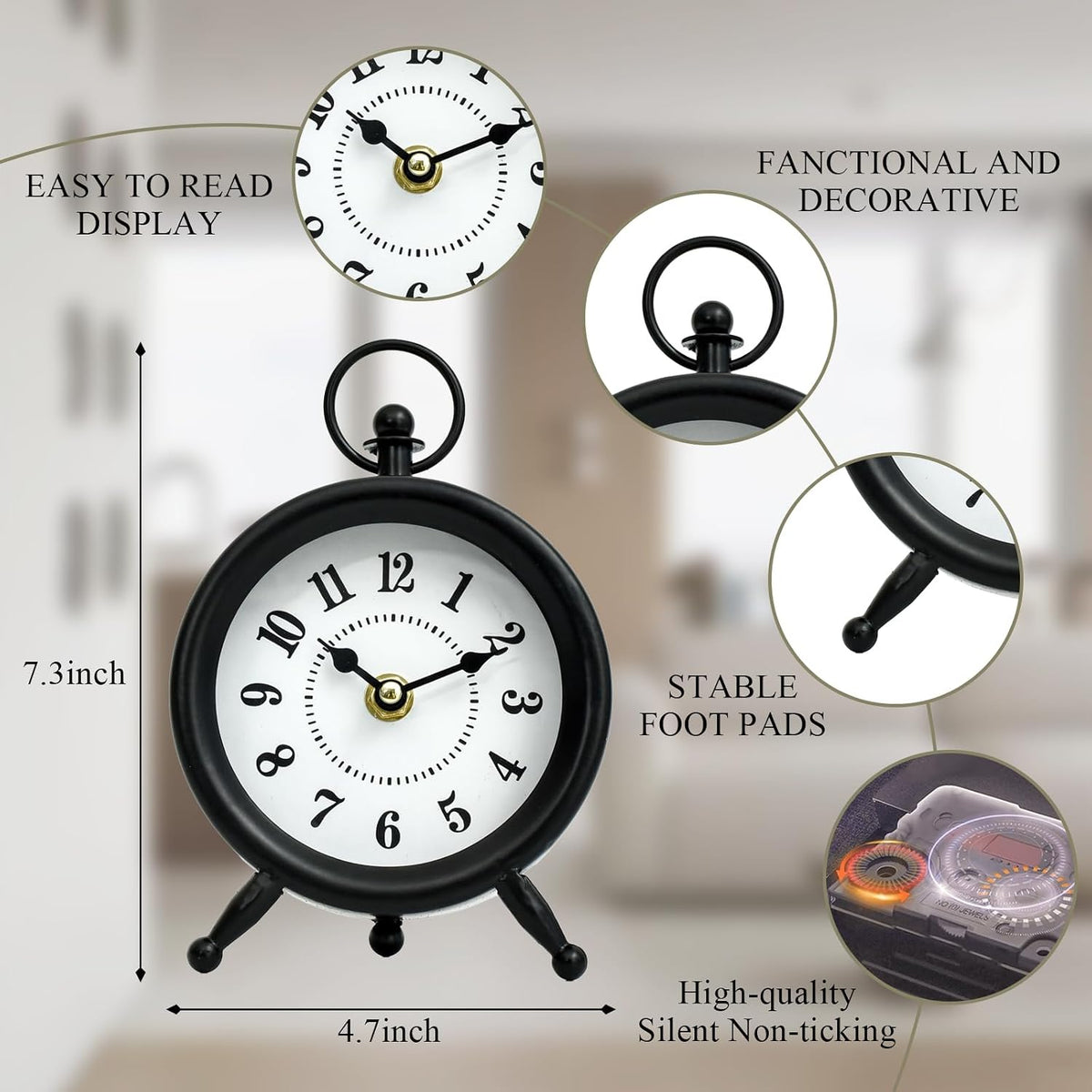 EMAX HOME Small Black Desk and Shelf Clock, 4.7*7.3 Inch Retro Elegant Tabletop Clock with Glass Cover, Silent