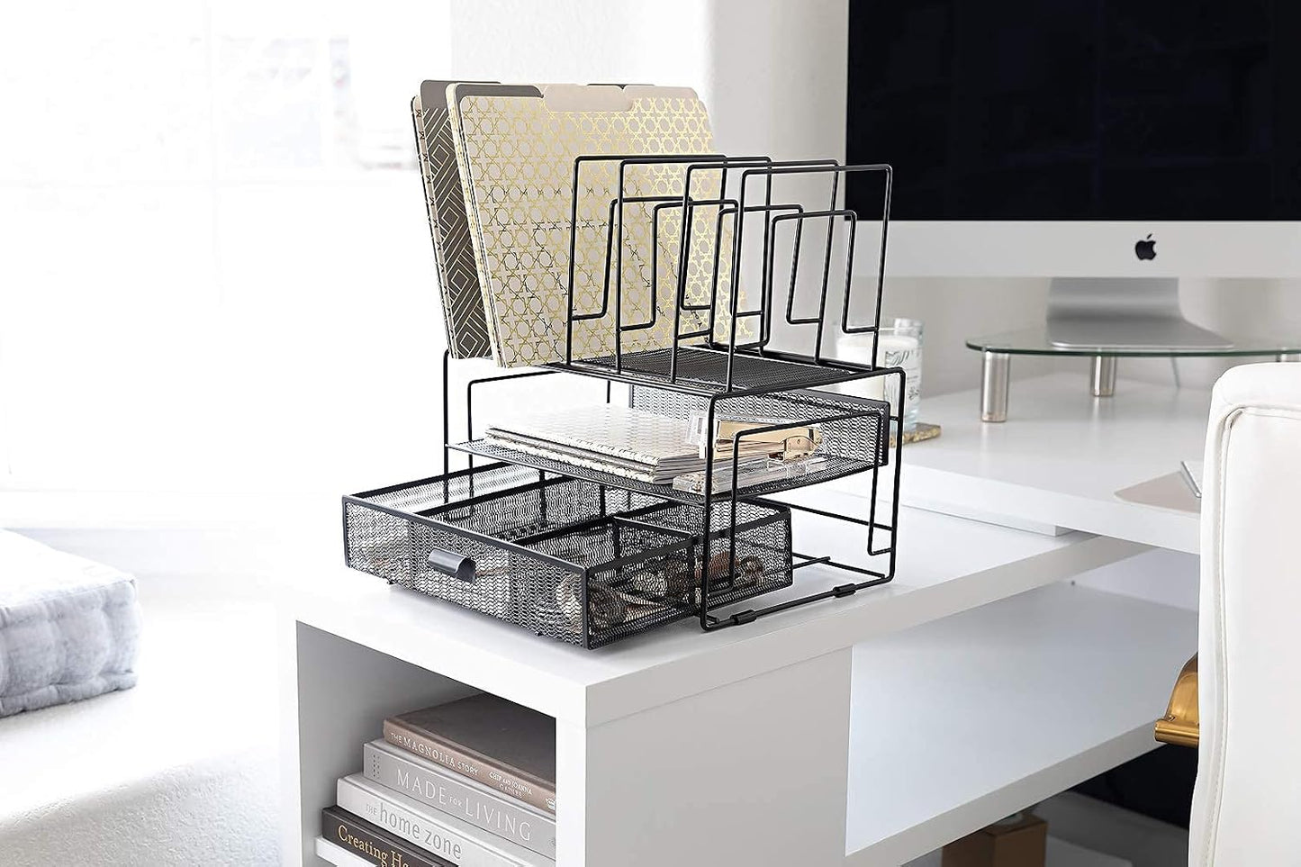 BLU MONACO | Black Wire Mesh Desk Organizer with Drawer | Desk Associates Women Office Set | File Sorters and Mesh Pen