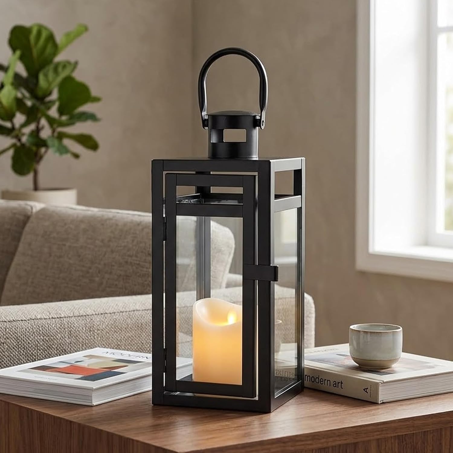 TRIROCKS Metal Candle Lantern 12'' High Decorative Outdoor Lantern Hanging Lantern with Tempered Glass for Christmas
