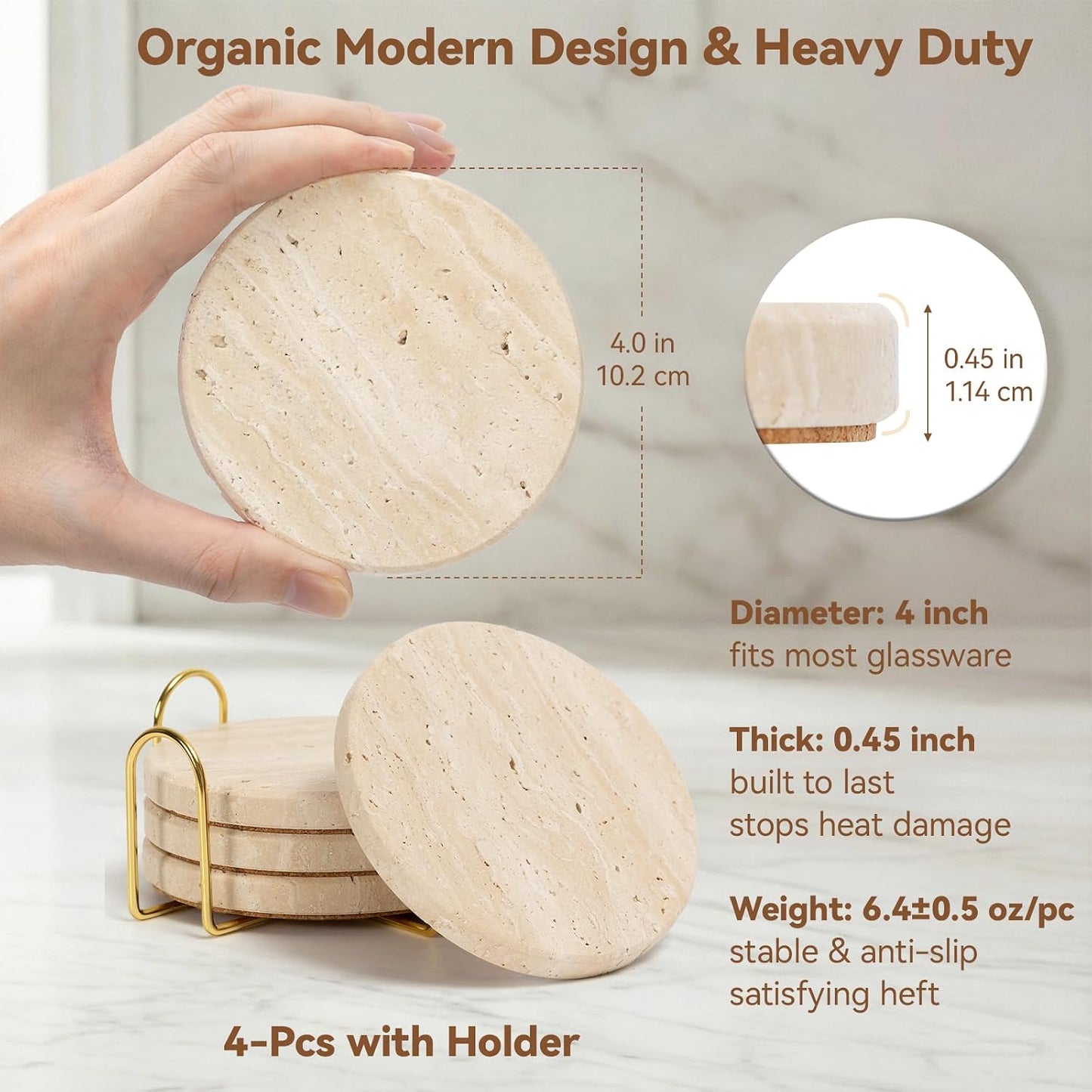 Holder / Elegant Rustic Farmhouse Coasters for Drinks / 5th Style - with Holder / Beige / Set of 4