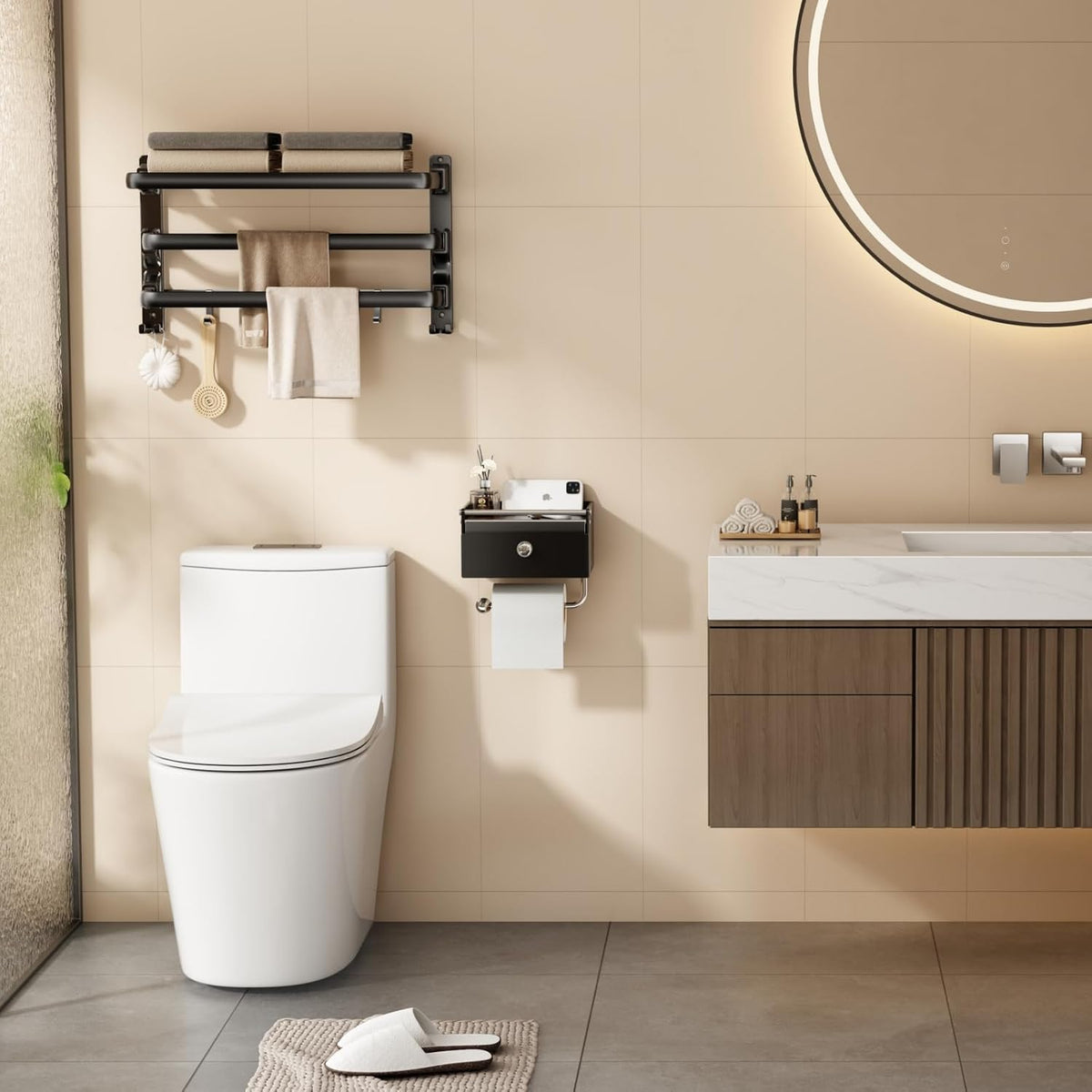 Voldra Toilet Paper Holder with Shelf, Flushable Wipes Dispenser for Bathroom, Adhesive Toilet Paper Roll Holder with