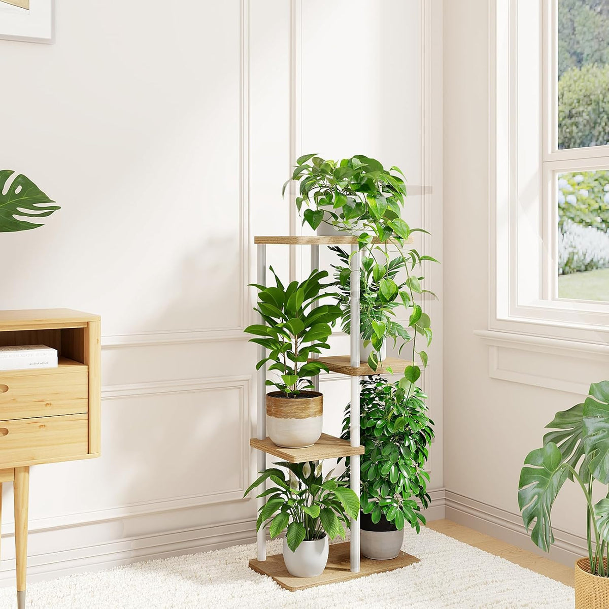 Bamworld Plant Stand 4 Tier Corner Metal Shelf White | Tiered shelf displays multiple plants in living rooms, bedrooms