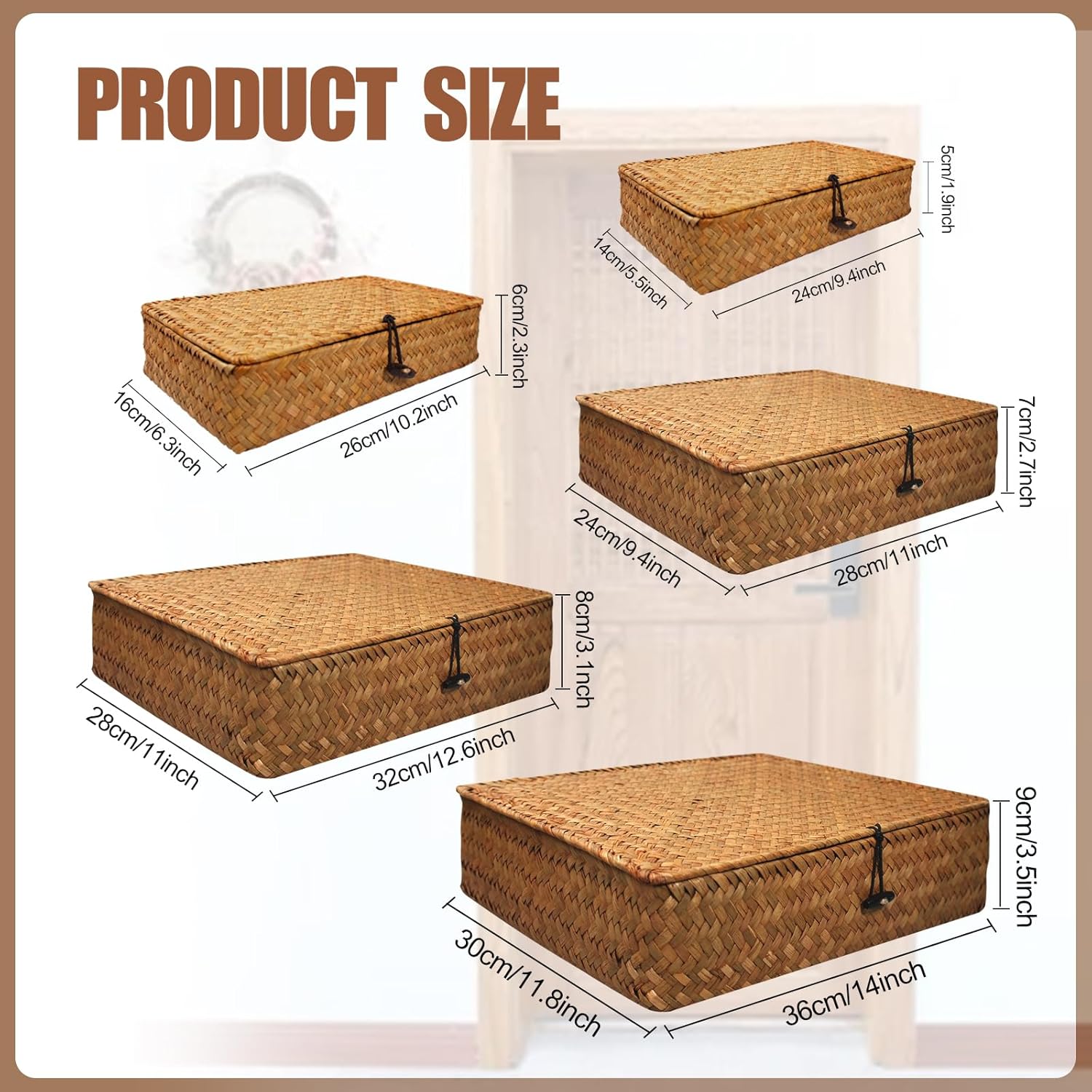Seagrass Basket / Lids Woven Organizer / Brown / Set of 5