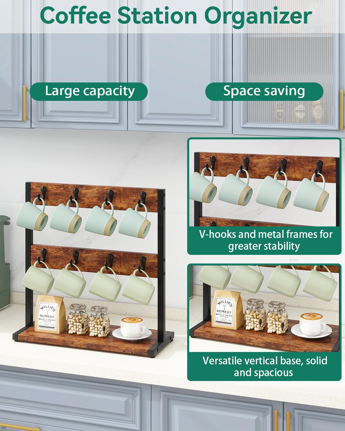 IBUYKE Coffee Mug Holder for Countertop,16 Hook Mug Tree,Brown TBJ001H | Coffee Cup Holder Mug Display Organizer Mug