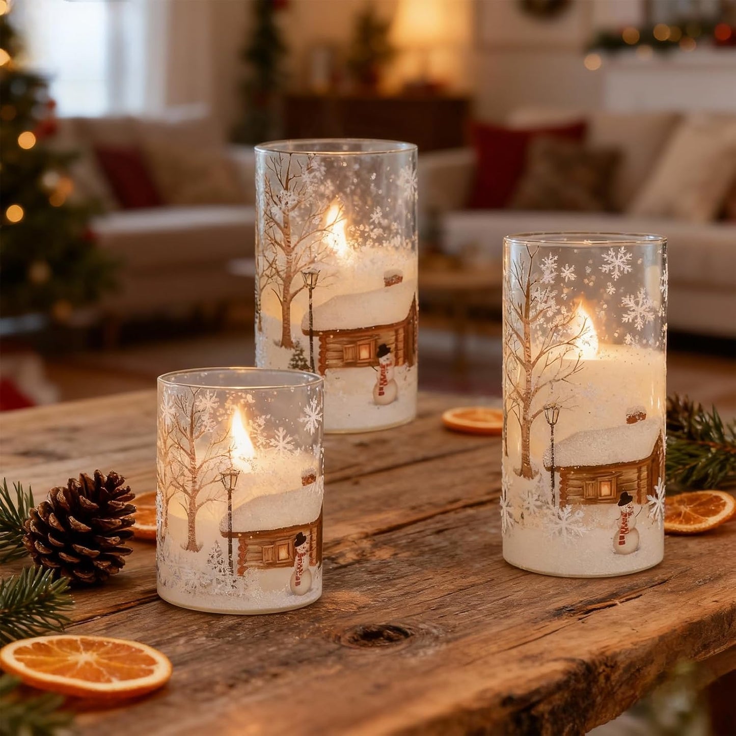 Snowman Glass Flameless Candles Battery Operated with Remote and Timer Real Wax LED Flickering Pillar Candles White