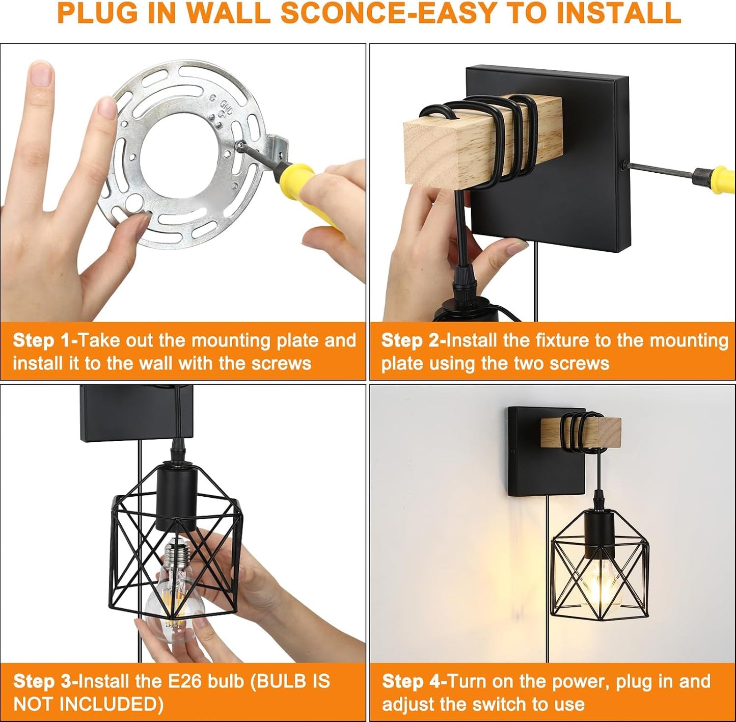 Lightess Farmhouse Plug in Wall Sconces Lamps for Bedroom Set of 2 | Easy Plug In Installation Without Wiring Work