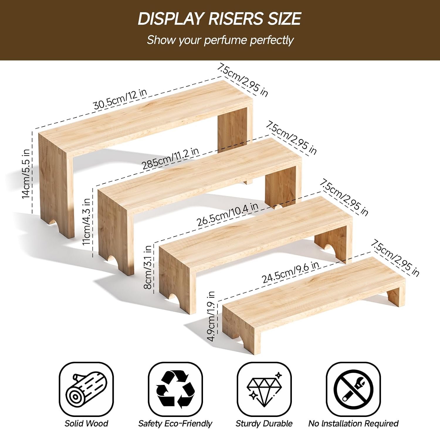 4 Tier Large Display Wooden Riser Stand Decorative Rectangular Wood Racks / Wood Color / Set of 4