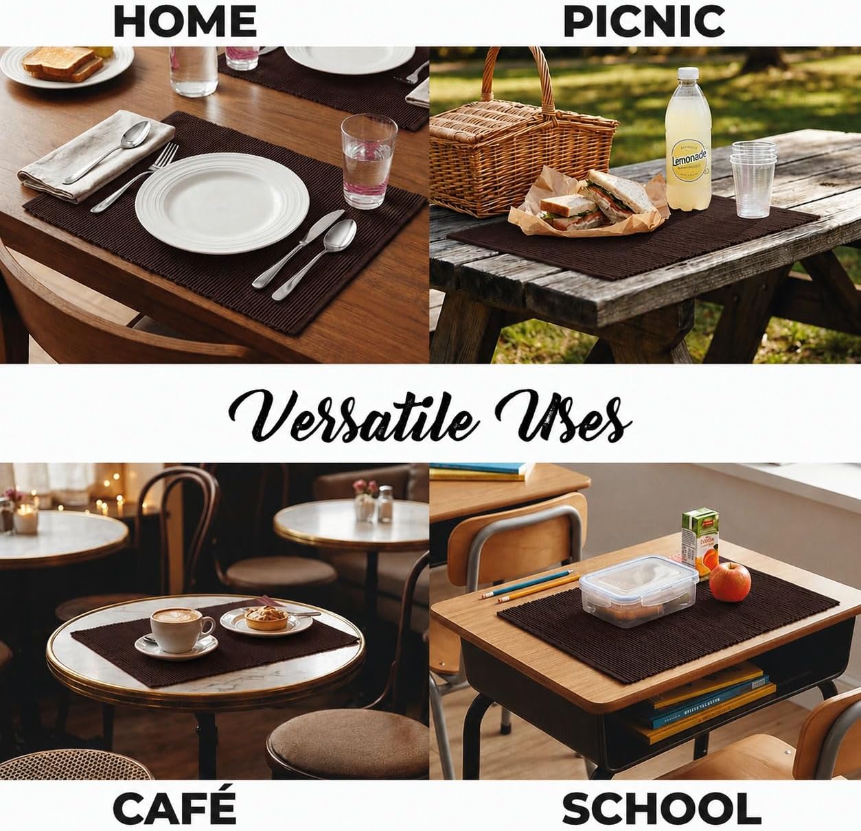 100% Cotton Ribbed Placemats - Set of 6-13 x 19 Inches - Brown - Everyday/Thanksgiving/Fall Cloth Table Mats - Thick