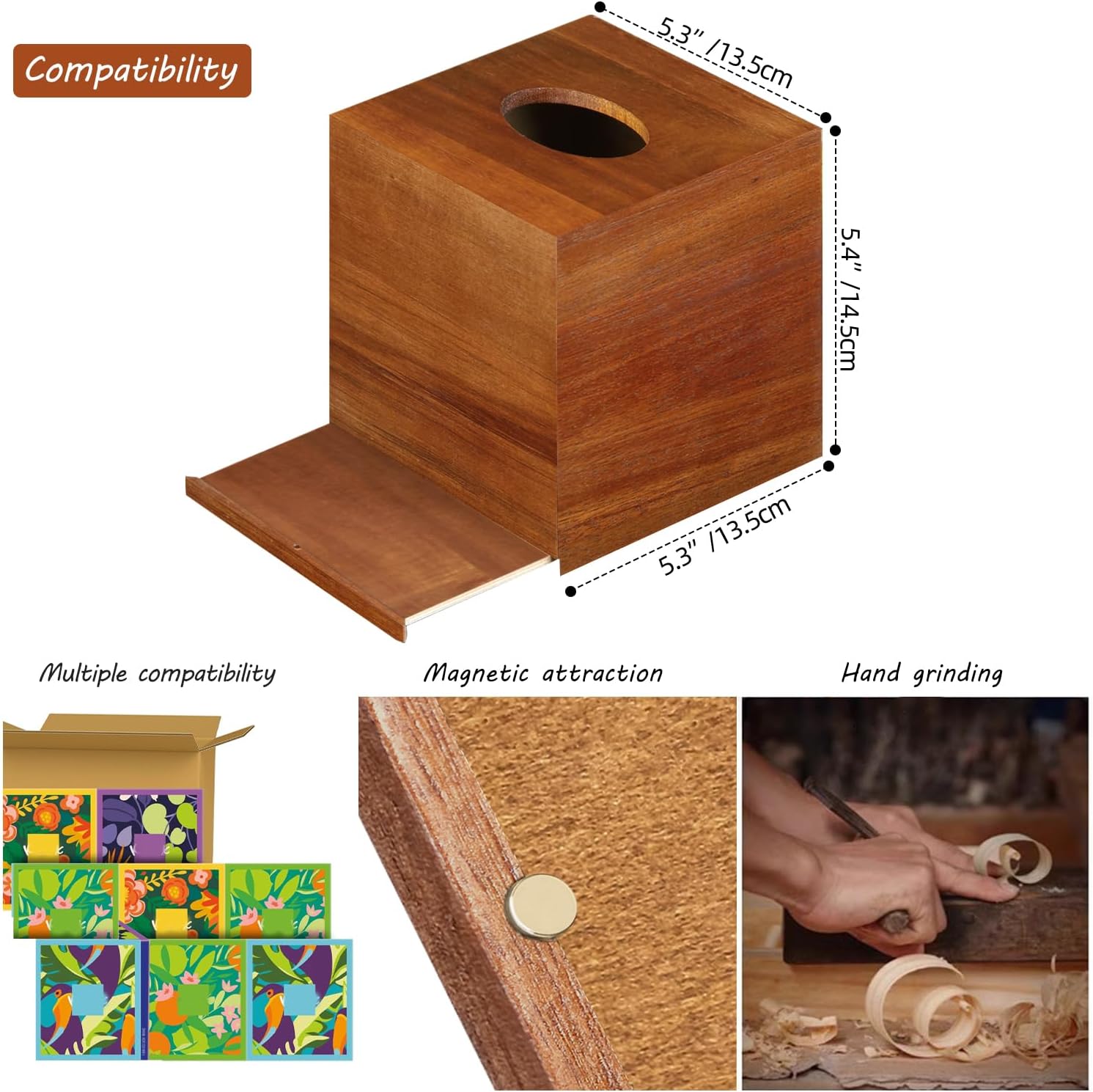 Acacia Wood Tissue Box Holder for Desktop Nightstand Bathroom Office / Brown
