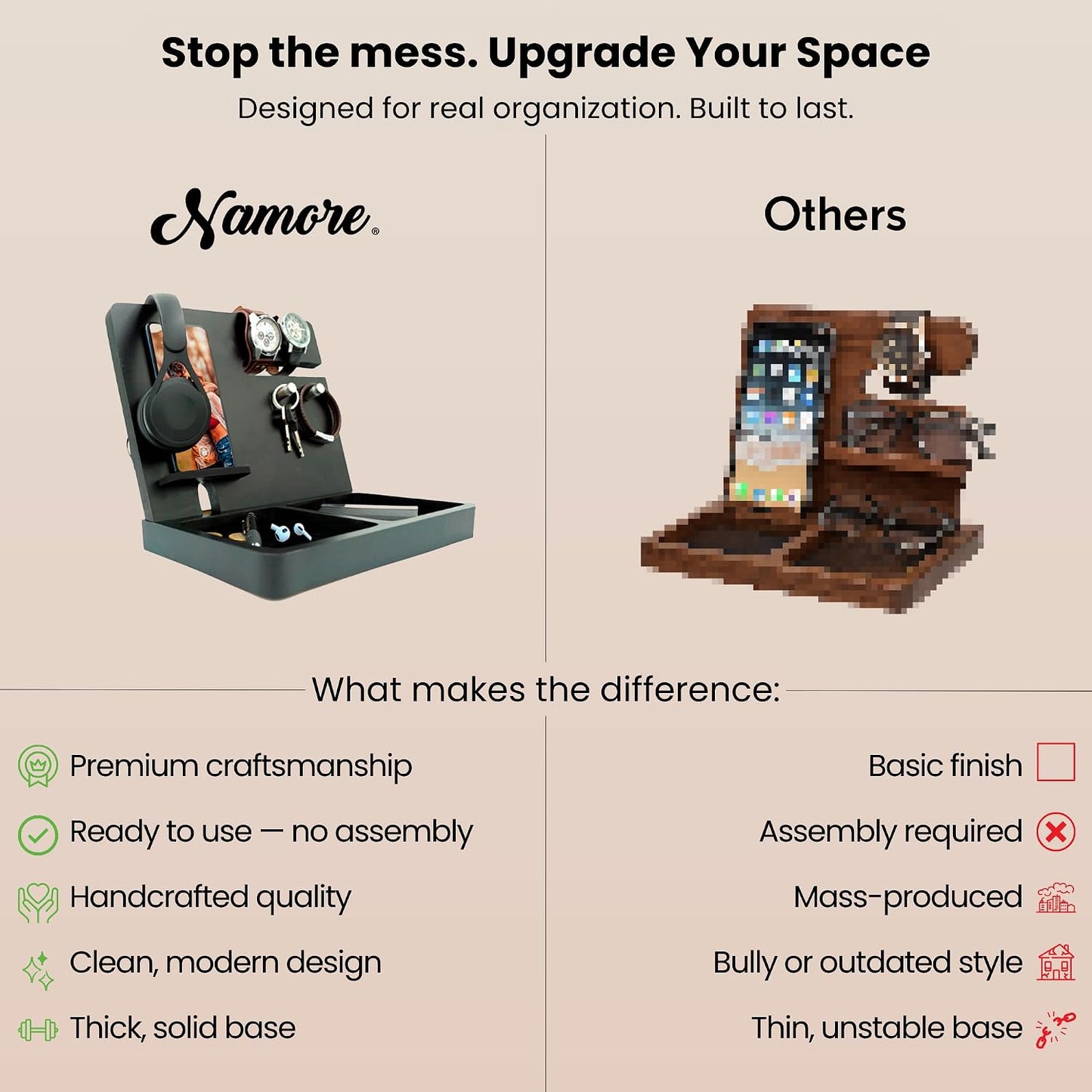 Namore Nightstand Organizer for Men – Wood Phone Docking Station & Bedside Valet Tray Organizer for Wallet, Watch &