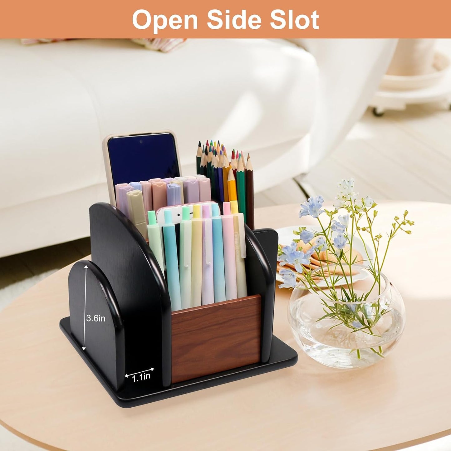 Coideal Remote Control Holder Caddy, 360° Rotating Coffee Table Organizer with 6 Compartments, Wood Remote Control