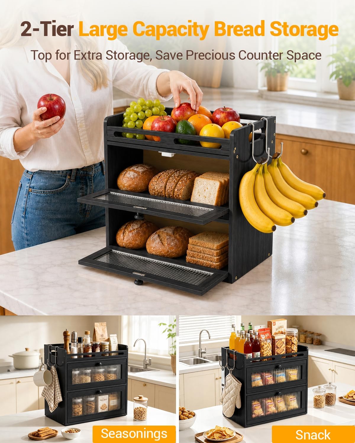 Bread Box for Kitchen Countertop, 2-Tier Bamboo Storage with Raised Shelf | Black, Large Bread Container, 2 Banana