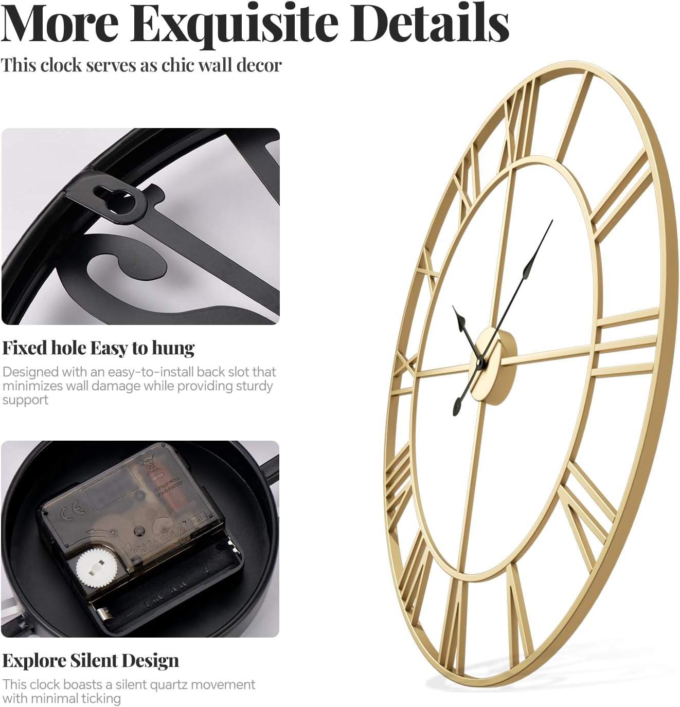 Cuspin Large Gold Wall Clock 30 Inch Decorative Wall Clocks for Living Room | Battery operated, Silent non ticking