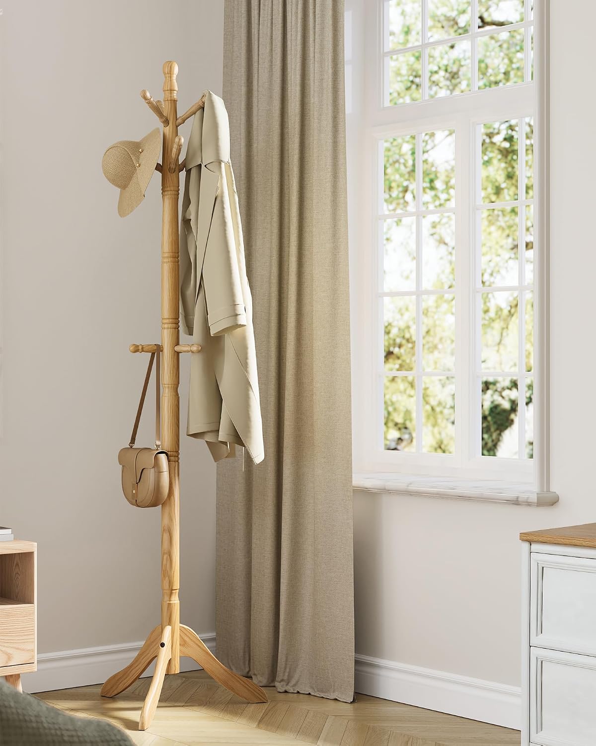 VASAGLE Solid Wood Coat Rack and Stand, Free Standing Hall Coat Tree with 10 Hooks for Hats, Bags, Purses, for