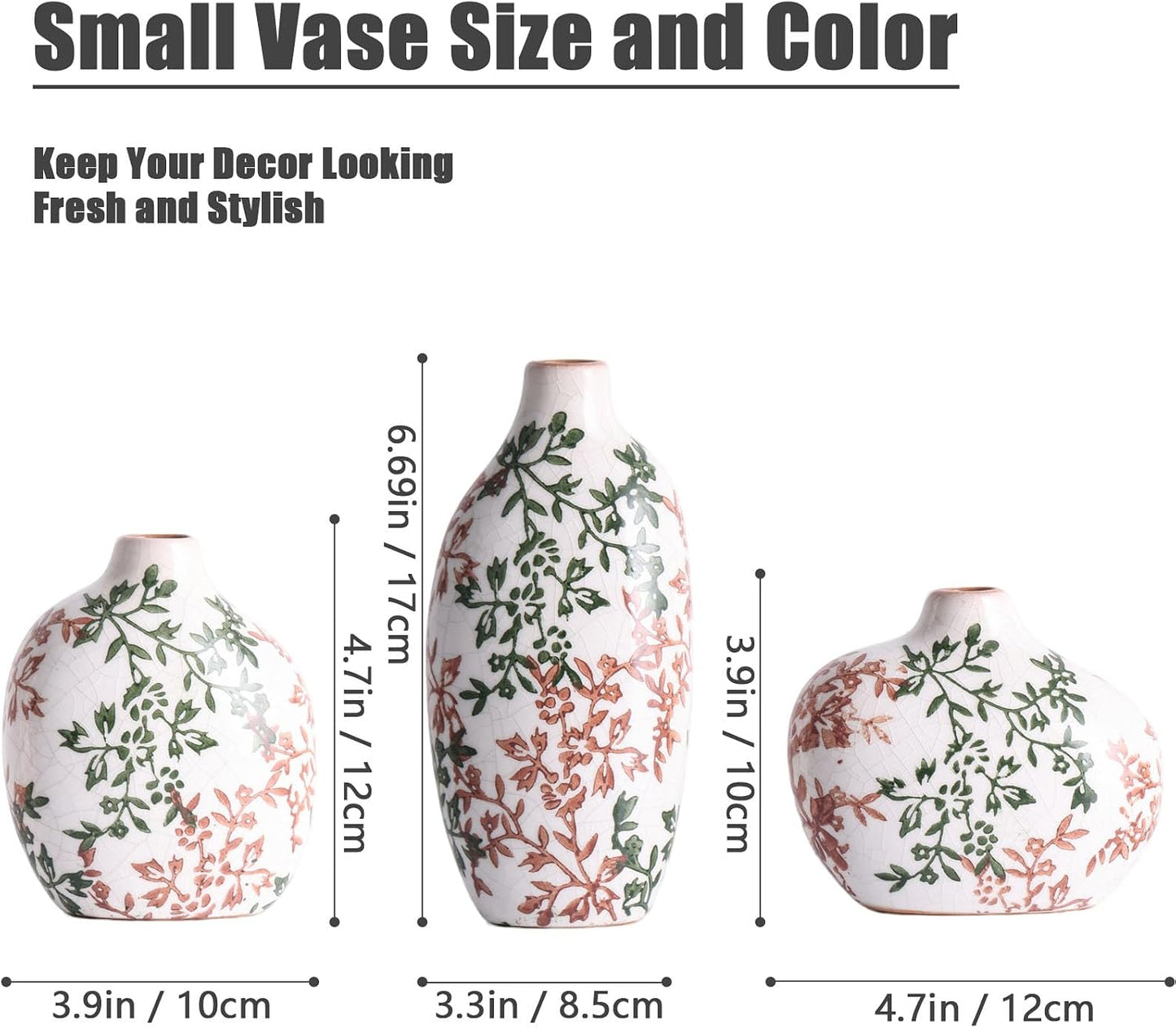 Small Ceramic Vase / Green Floral / Set of 3