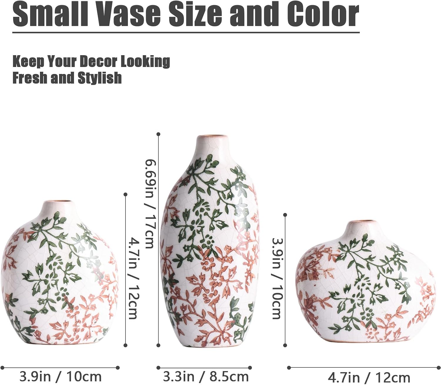 Small Ceramic Vase / Green Floral / Set of 3