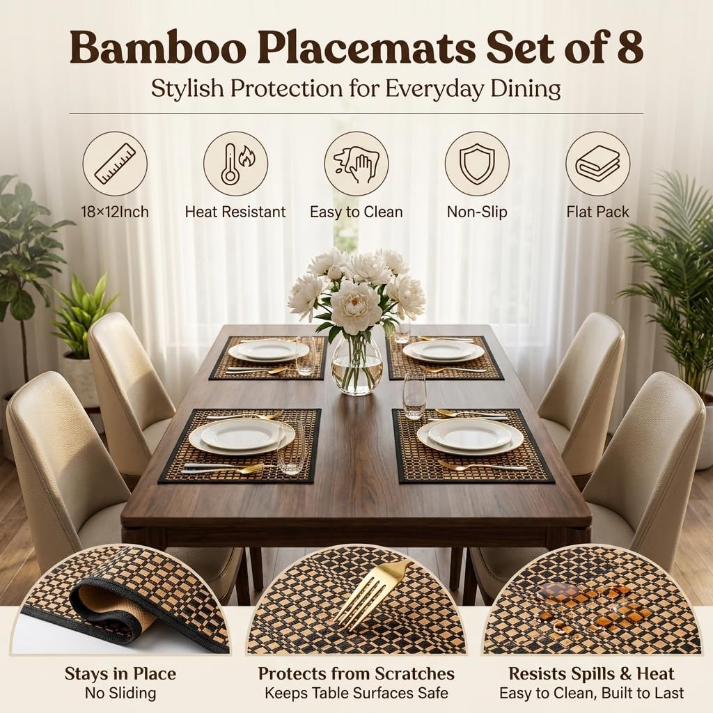 Eorbow 8 Pack Bamboo Placemats, Natural Anti-Slip Dining Table Mats, Heat-Resistant Place Mats, Japanese Style Washable