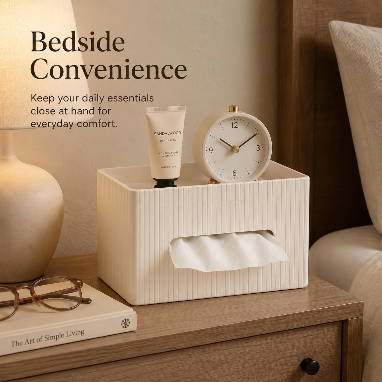 Ribbed PU Leather Tissue Box Cover / Ivory White