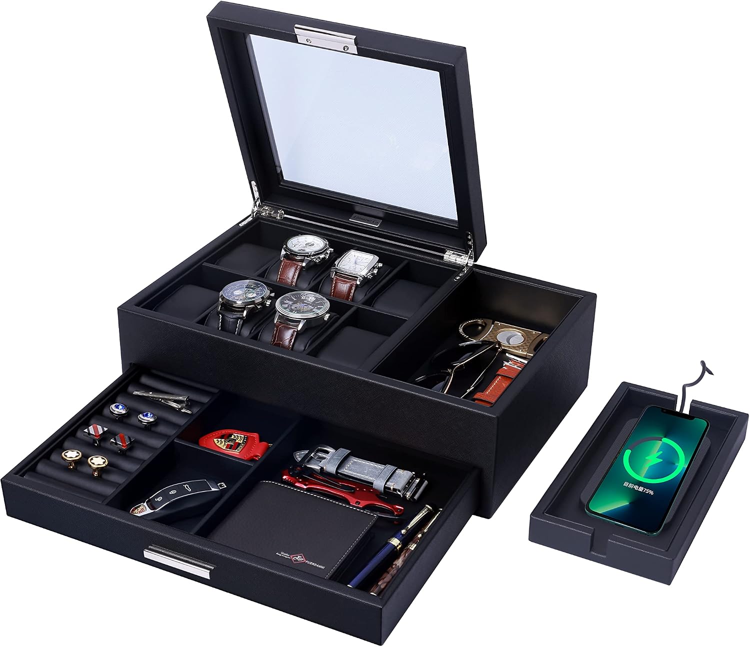 Mens Jewelry Box Organizer with Charging Station - Valet Tray with Drawer for Watch, Wallet, Sunglasses, Keys