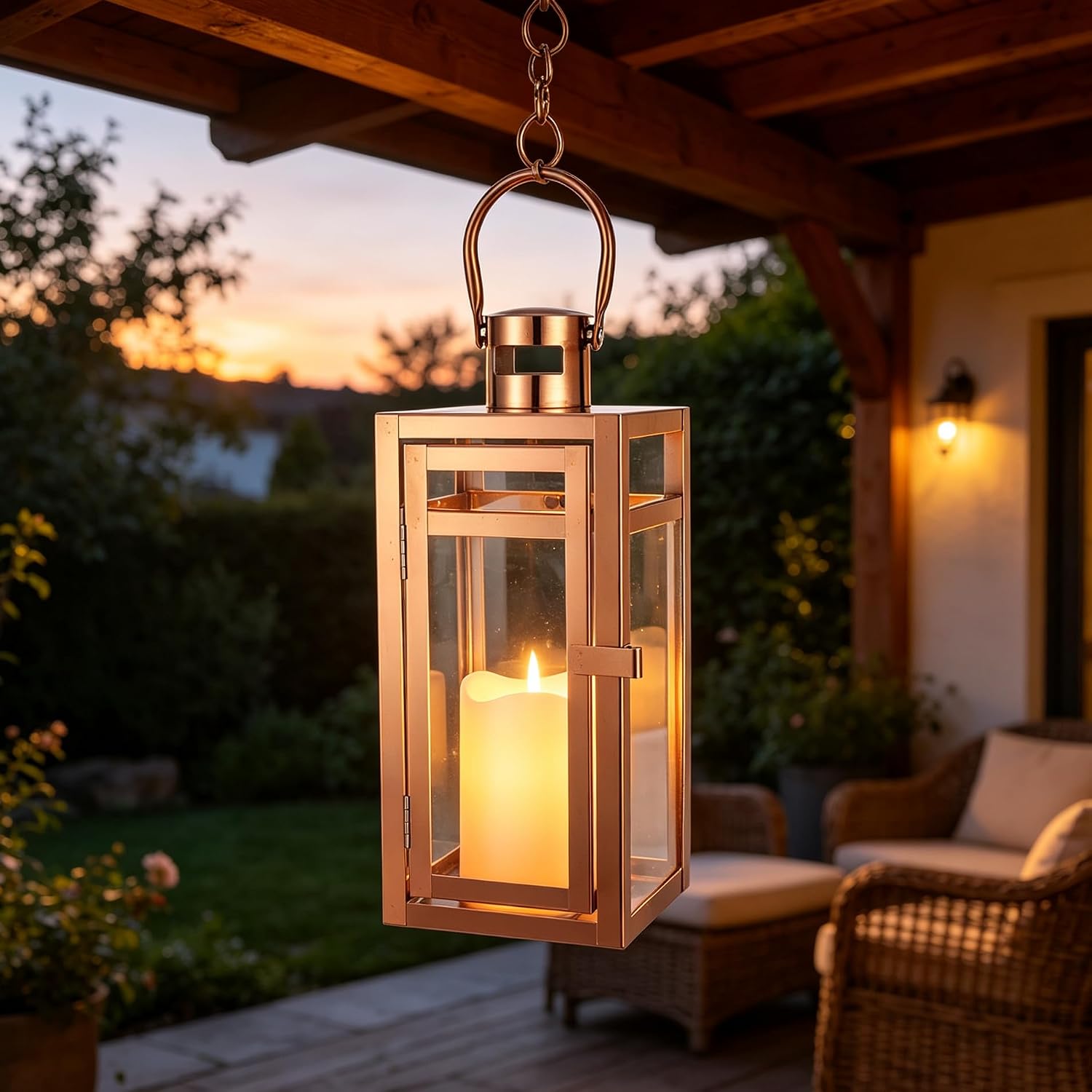 TRIROCKS Stainless Steel Decorative Lantern 12'' High Metal Candle Holder with Tempered Glass Perfect for Home Decor