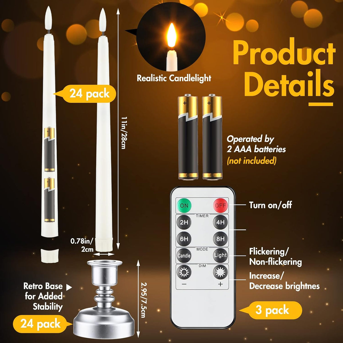 Fumete 24 Pack Flameless Taper Candles with Remote Control and Timer Flickering LED Taper Candles Realistic 3D Flame