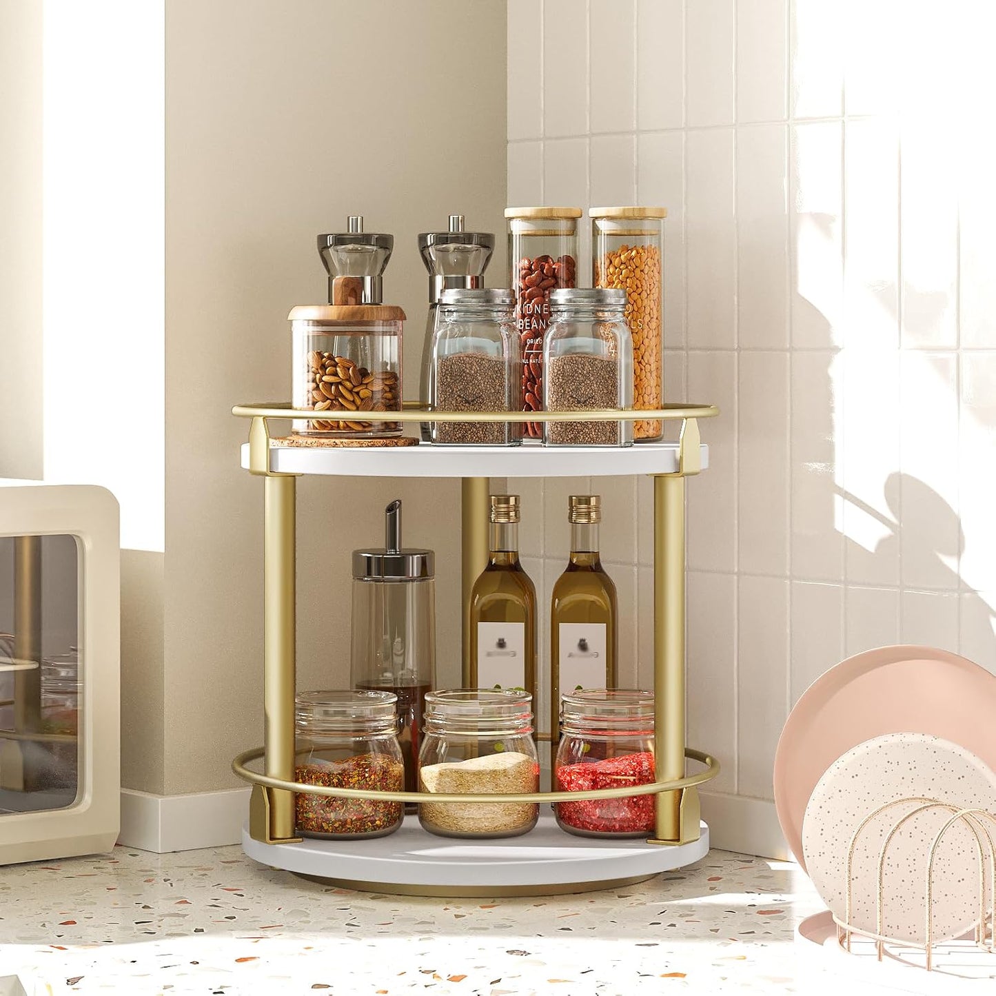 Lazy Susan Organizer, Rotating Spice Rack, 2 Tier Spice Turntable Organizer, Industrial Turntable Spice Holder, for