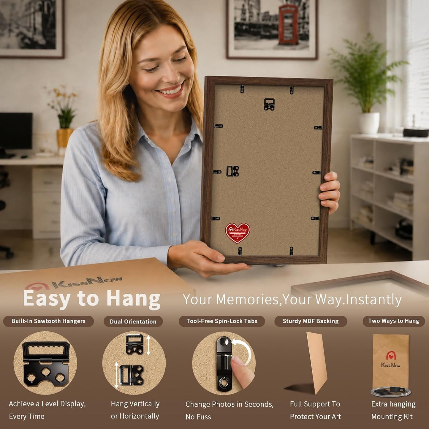 11x17 Picture Frame 4 Pack, Brown Solid Wood, Gallery Wall Hanging | Thick & Wide Border, HD Tempered Glass, Vertical