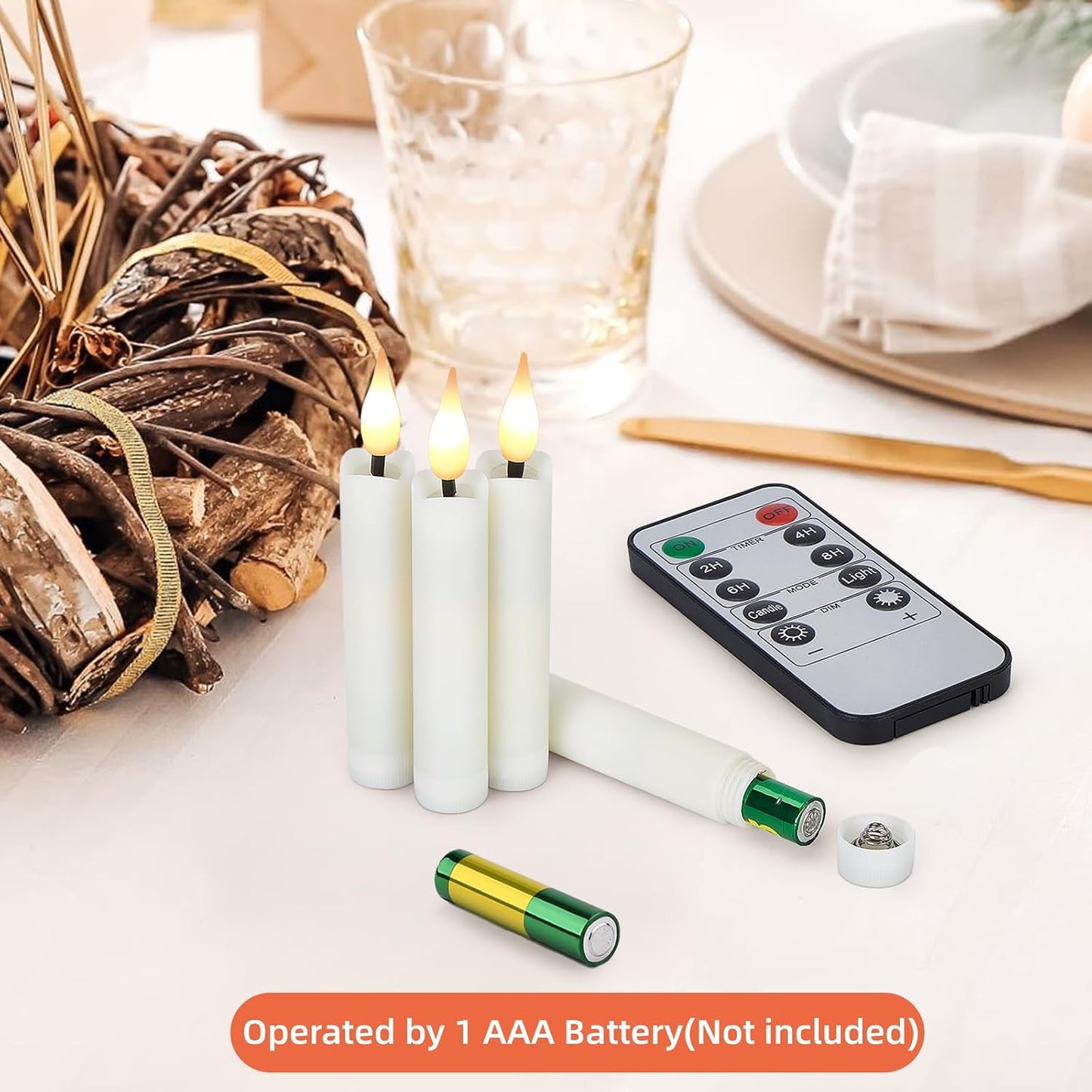 IMAGE 12Pcs LED Taper Candles Light Set Flameless 3D Wick Ivory Candles with Clip-on Christmas Tree Design, 10-Key
