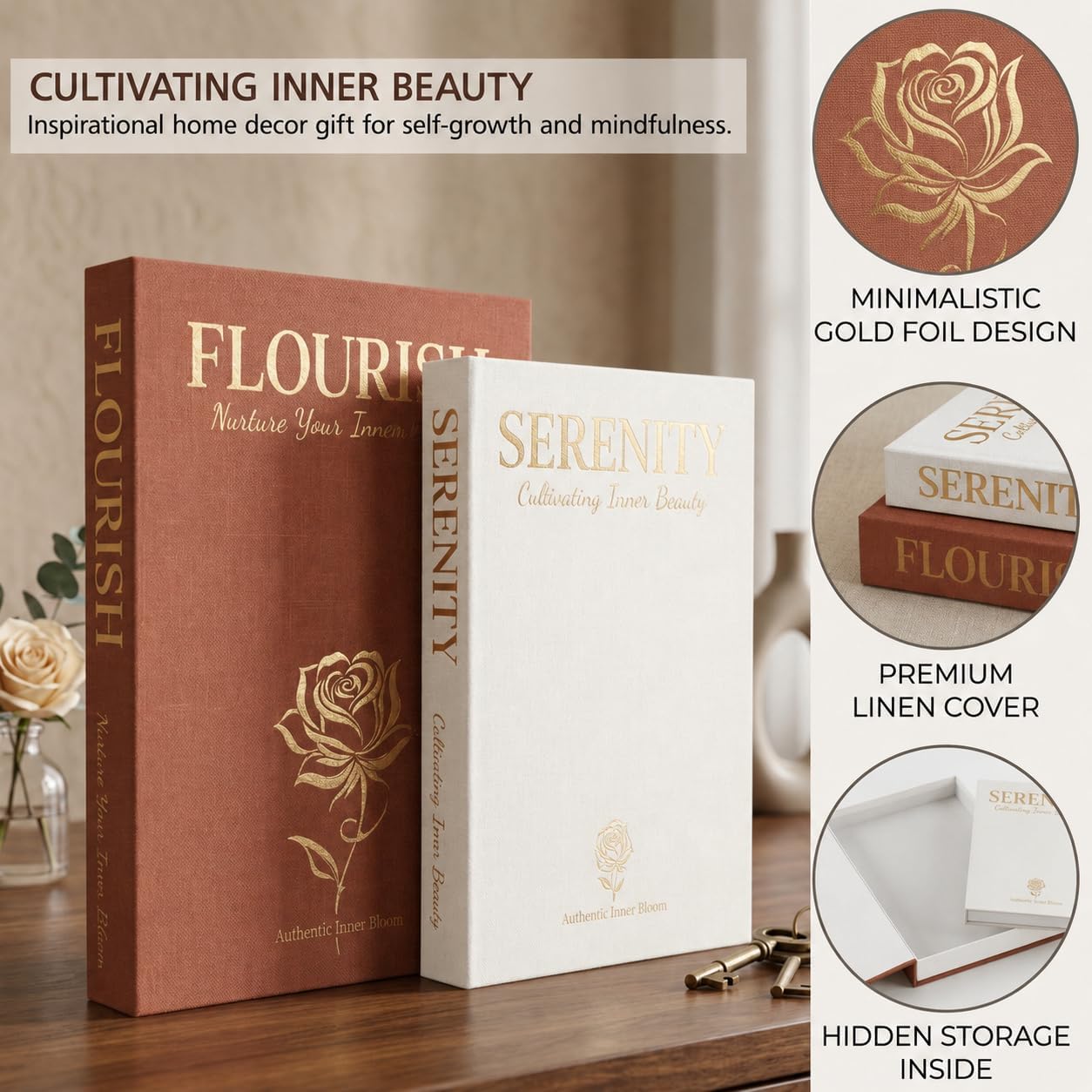 Faux Linen Book Boxes / Terracotta & Oatmeal / Set of 2