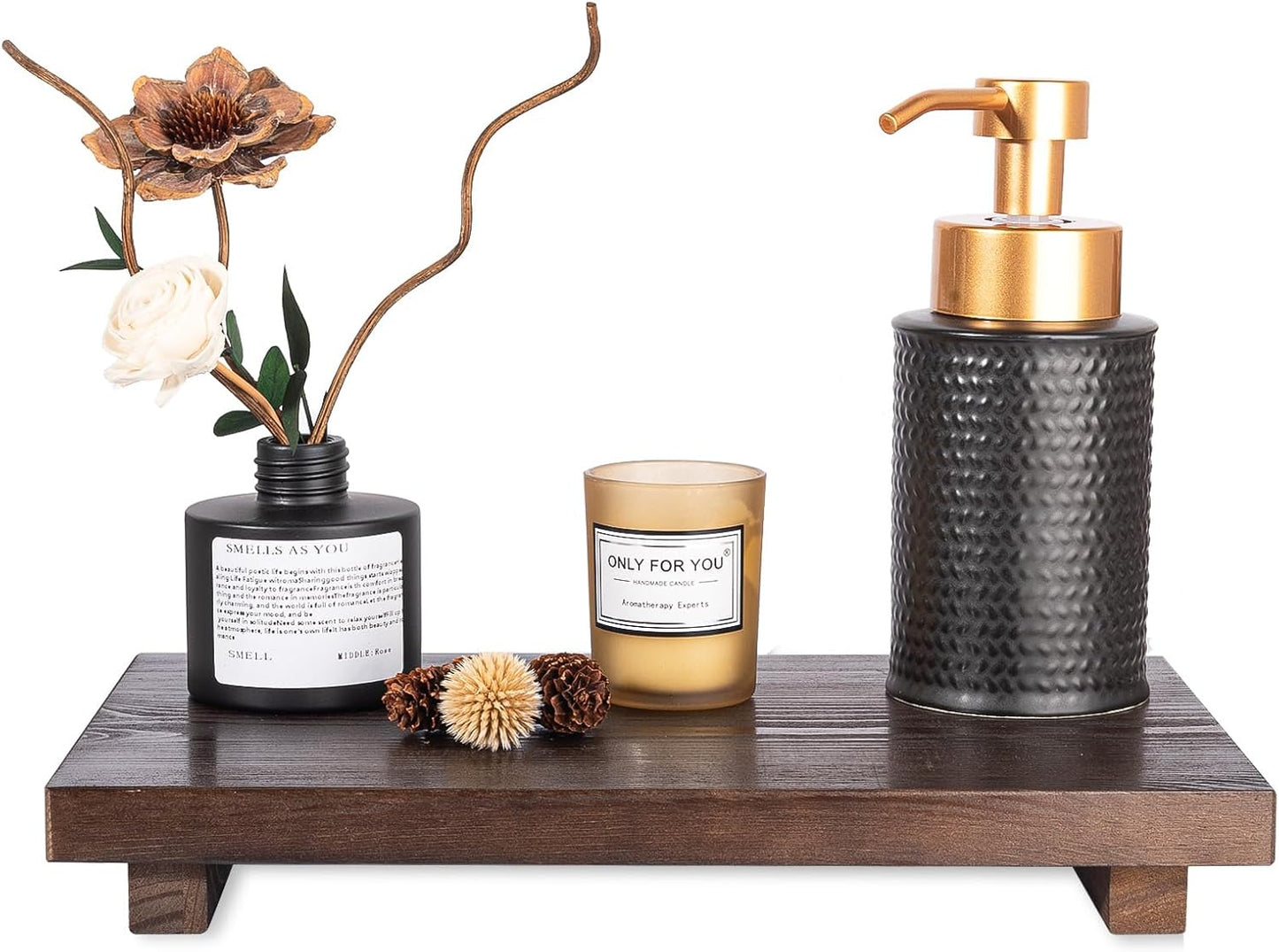 Bathroom Counter Organizer Wood Pedestal Stand Farmhouse Decorative Tray / Walnut / 11.8 x 7 x 1.6