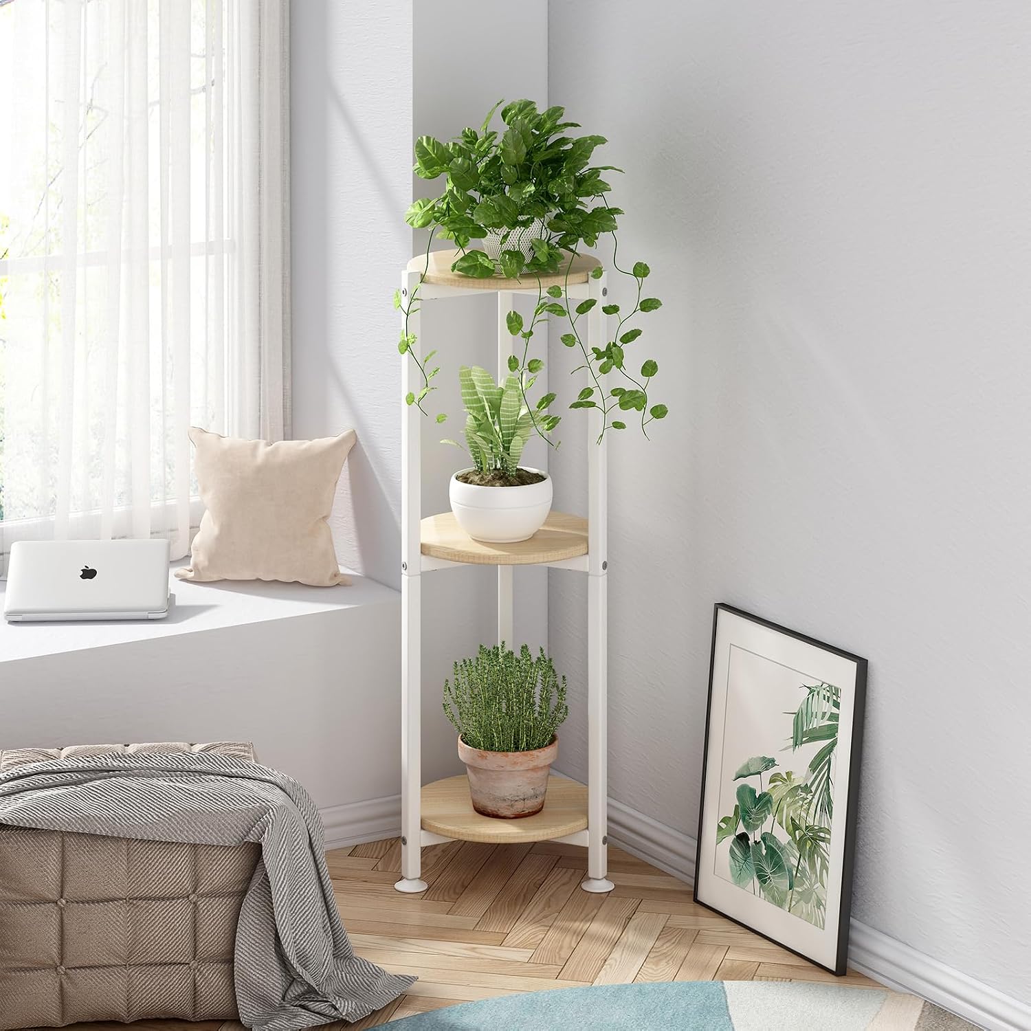 3 Tier Plant Stand Indoor Corner Tall Round Shape Plant Shelf | Modern Metal MDF board Flower Storage,Suitable tight