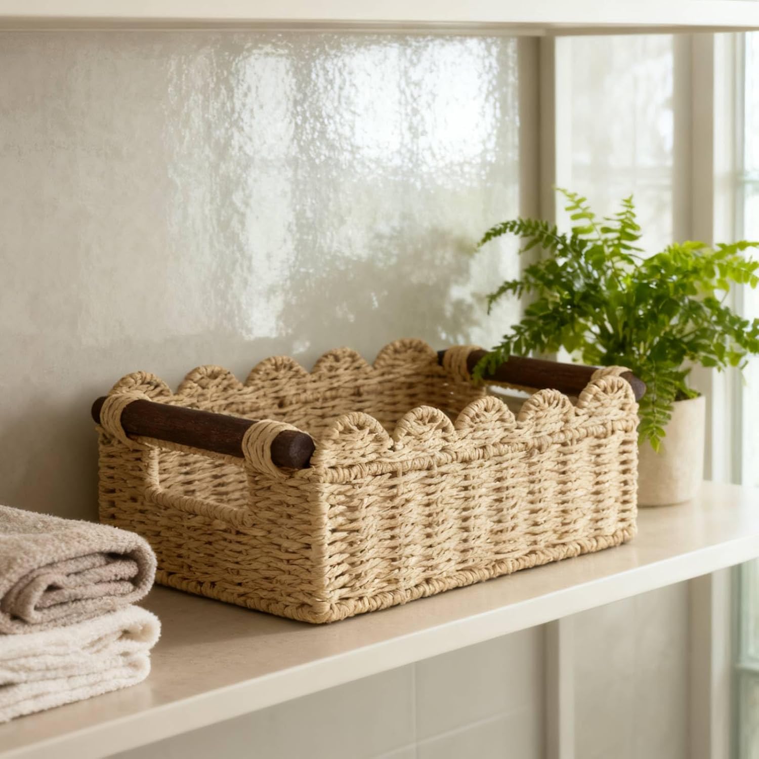 Scalloped Basket / Wicker Basket for Organizing / Beige