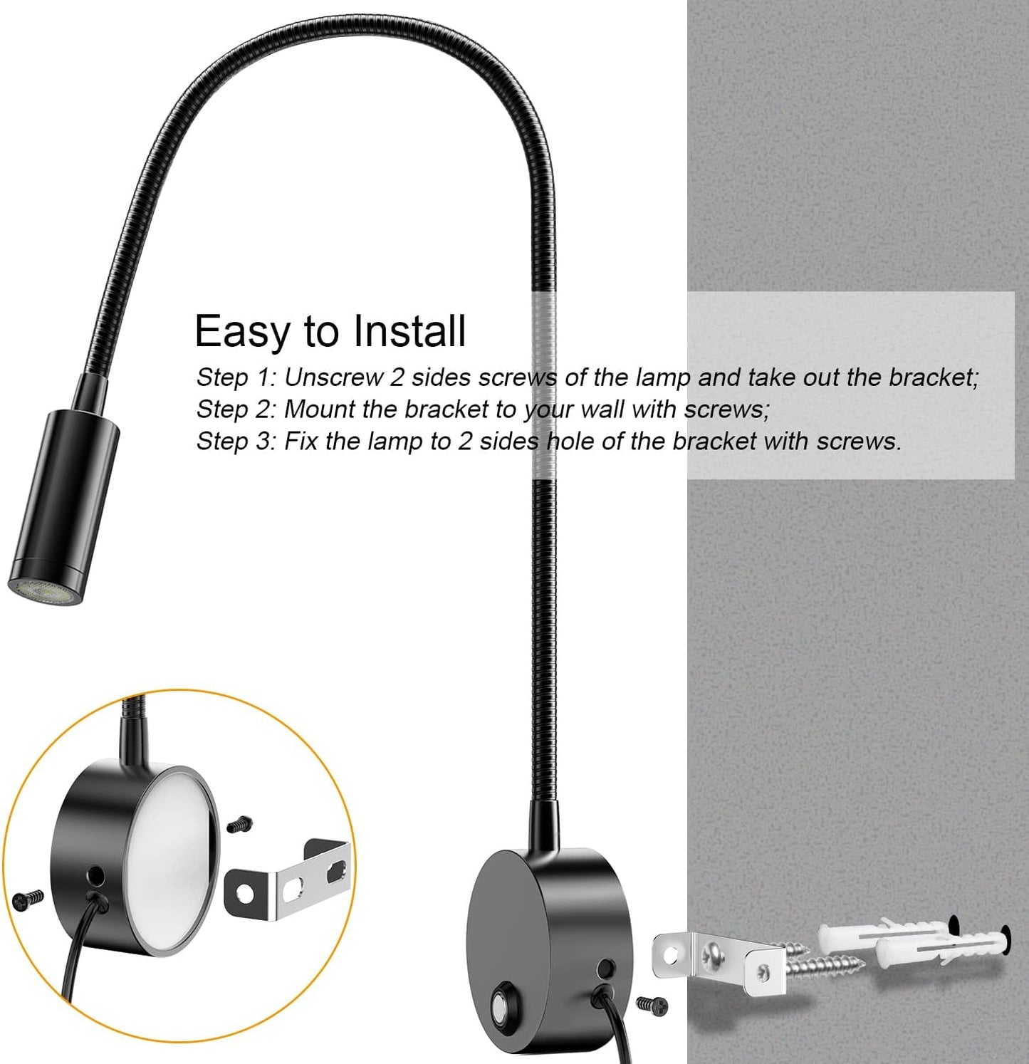 Wall Mounted LED Reading Light with 15" Flexible Gooseneck, Dimmable Book Light for Reading In Bed with USB Charging