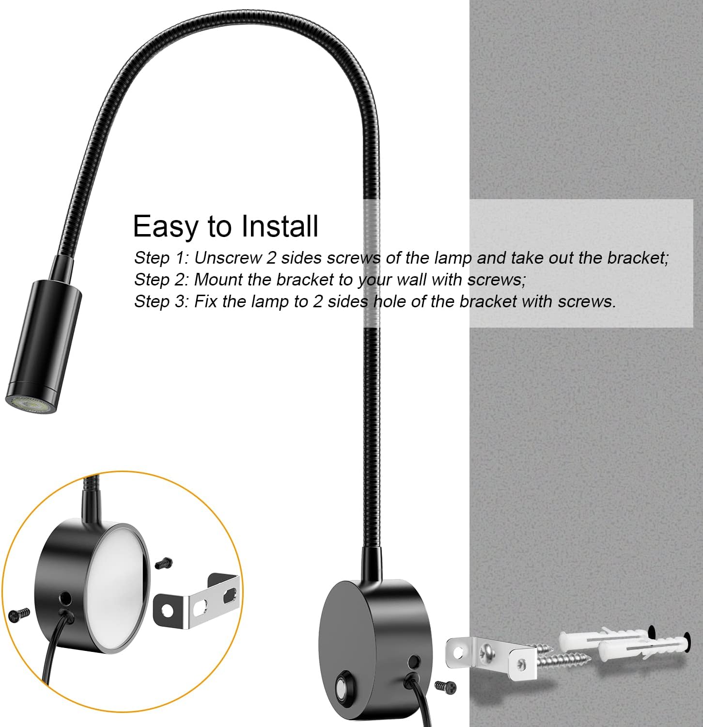 Wall Mounted LED Reading Light with 15" Flexible Gooseneck, Dimmable Book Light for Reading In Bed with USB Charging