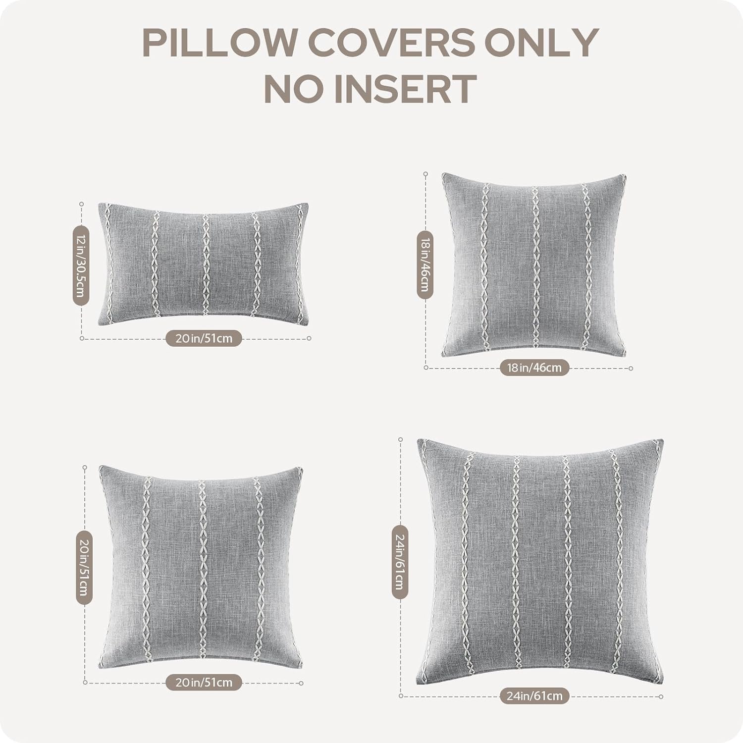 Grey Farmhouse Pillow Covers / Light Grey Stripe / 18 x 18 / Set of 2