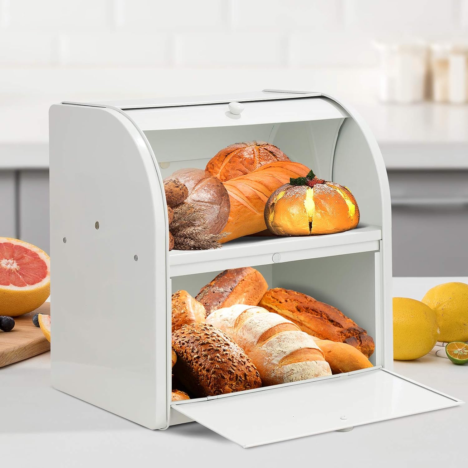 Bread Box, Metal Bread Box for Kitchen Countertop, 2 Layer Roll Top Bread Boxes, Stainless Steel Bread Storage, Kitchen