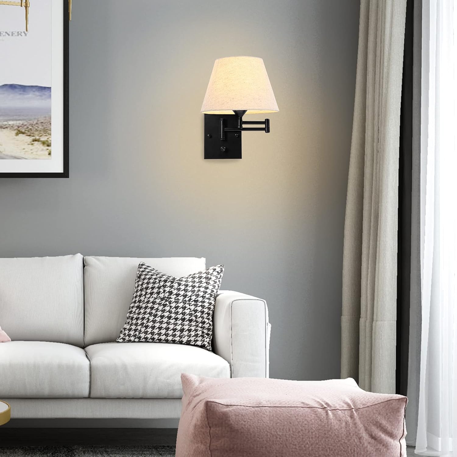 Pauwer Plug in Wall Sconce Set of 2, Swing Arm Wall Lamp (Beige Shade) | Fabric Shade, Wall Light Fixtures with Plug in