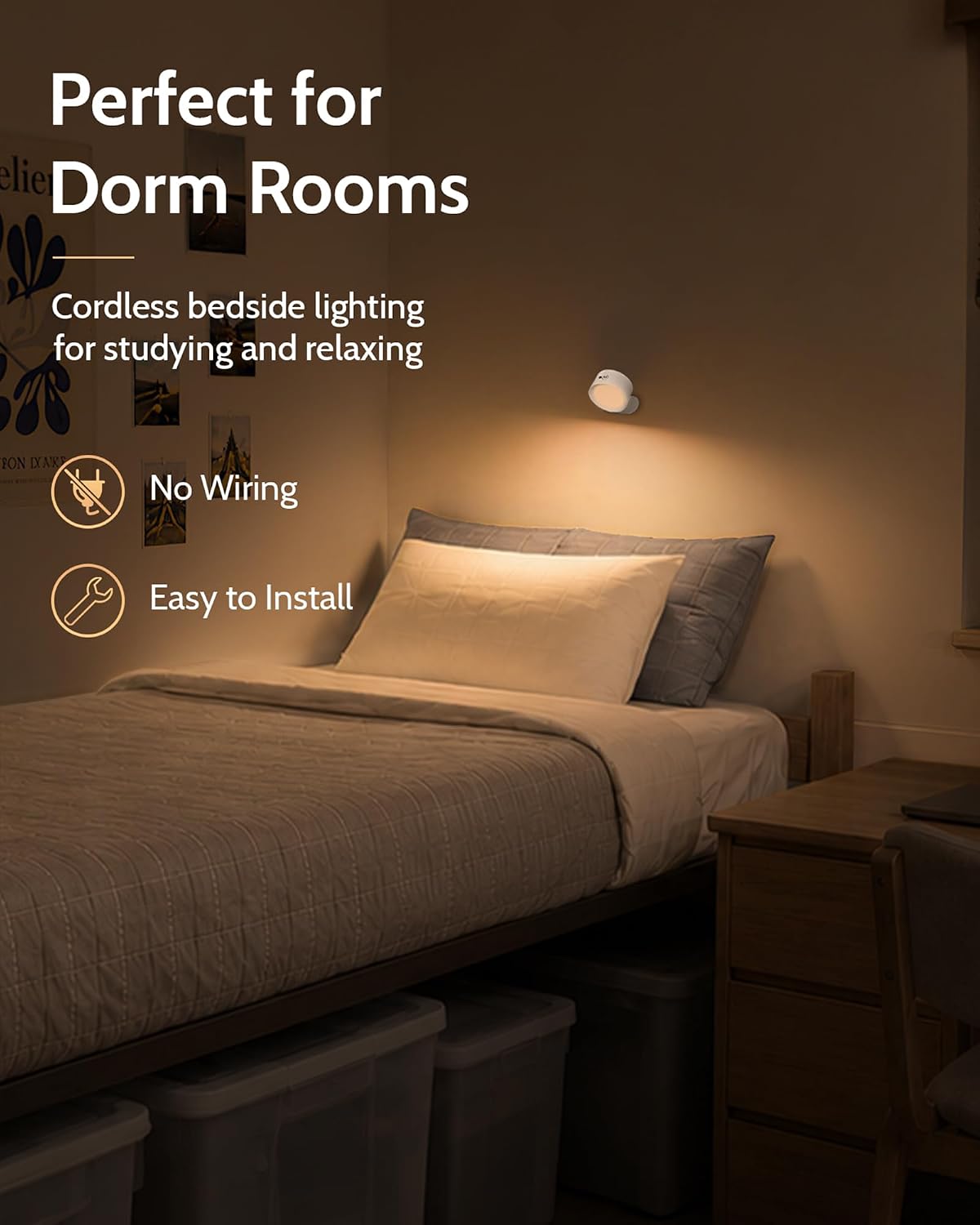 LED Wall Mounted Lights, Rechargeable Wall Sconces, 3 Color Temps, Remote & Touch, 360° Rotating and Dimmable for