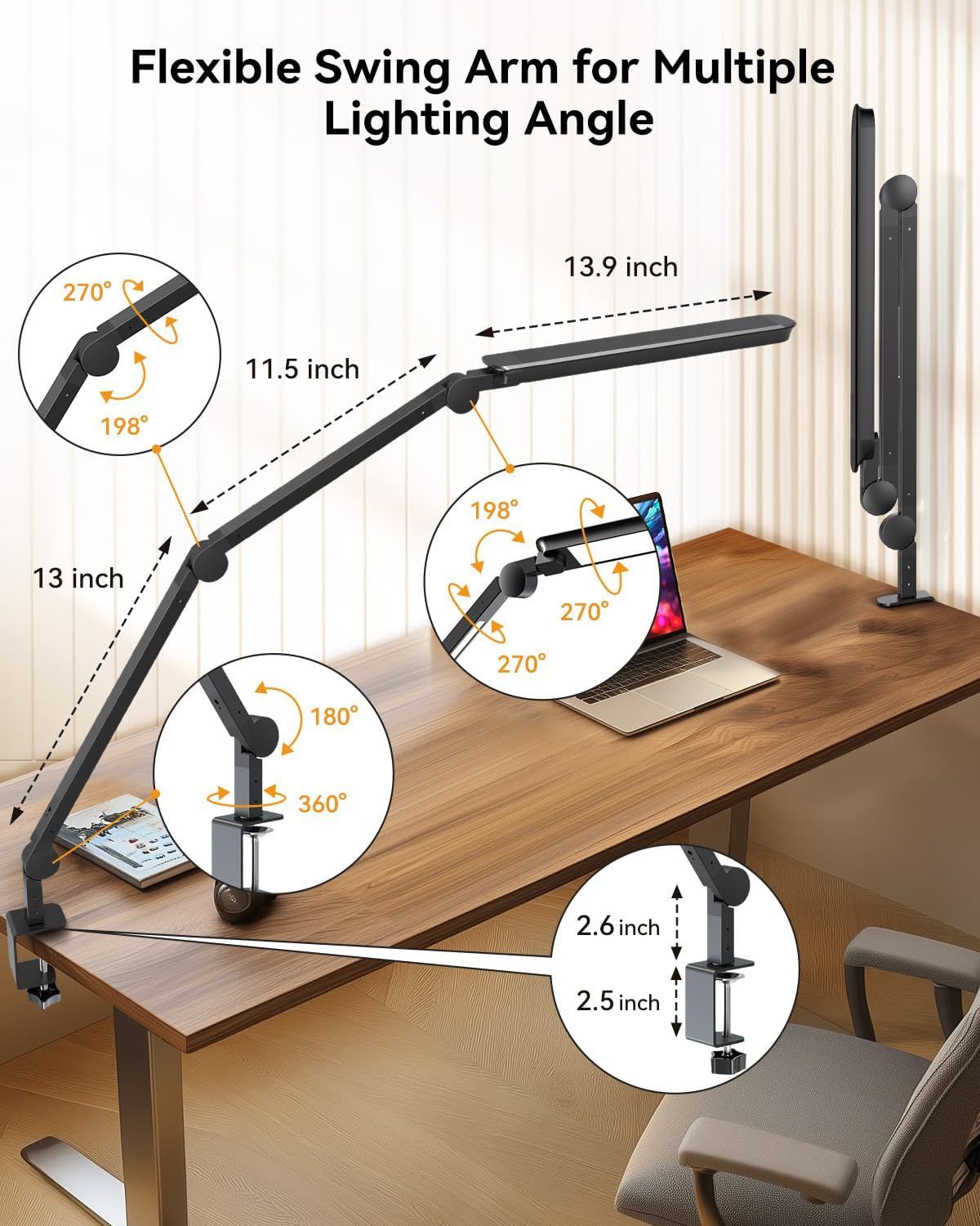 LED Desk Lamp with Clamp, Architect Desk Lamp with Remote, Flexible Swing Arm Desk Light with Dual LED Light, Stepless