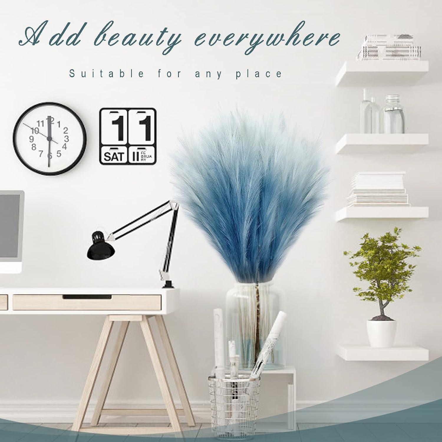 Fluffy Artificial Bulrush Branches Boho Decor / Blue / Set of 8